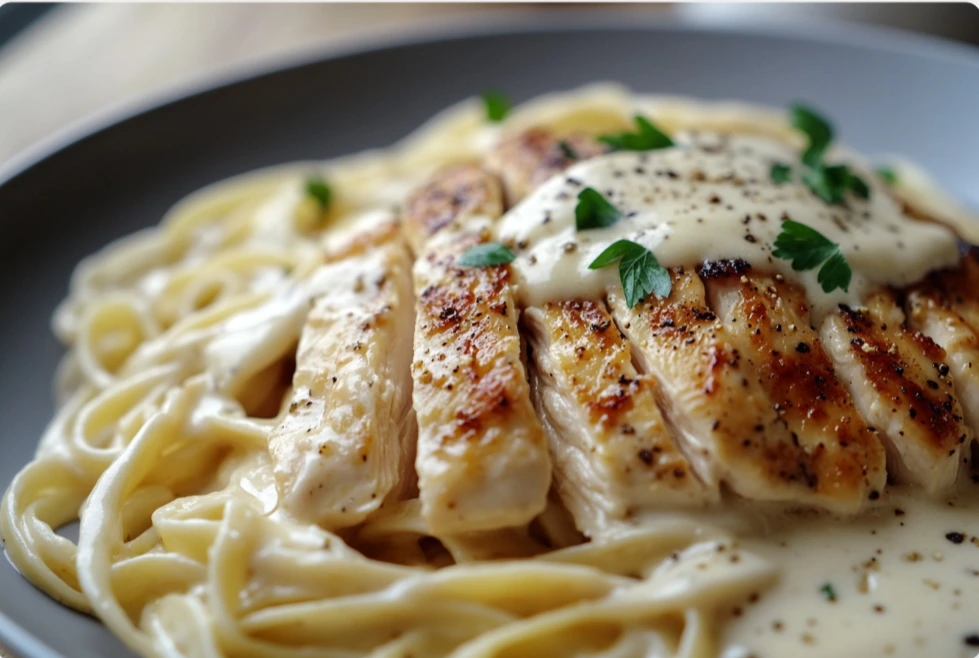 close-up of a bowl of creamy chicken marsala pasta, featuring tender pieces of chicken, golden-brown mushrooms, and pasta coated in a rich, creamy marsala wine sauce. Garnished with fresh parsley and grated Parmesan cheese, the dish is served warm and looks inviting.