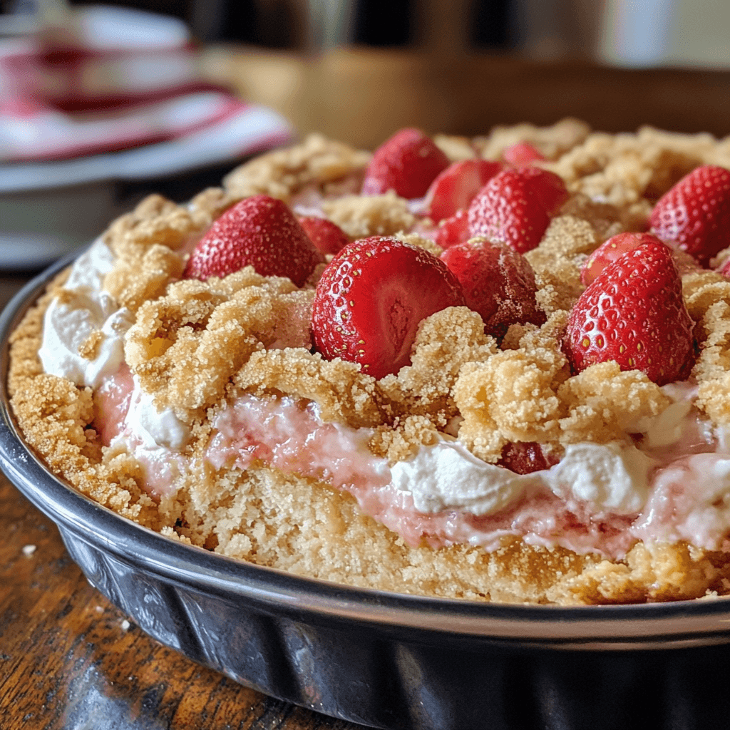 Freshly baked strawberry cheesecake dump cake in a pan.