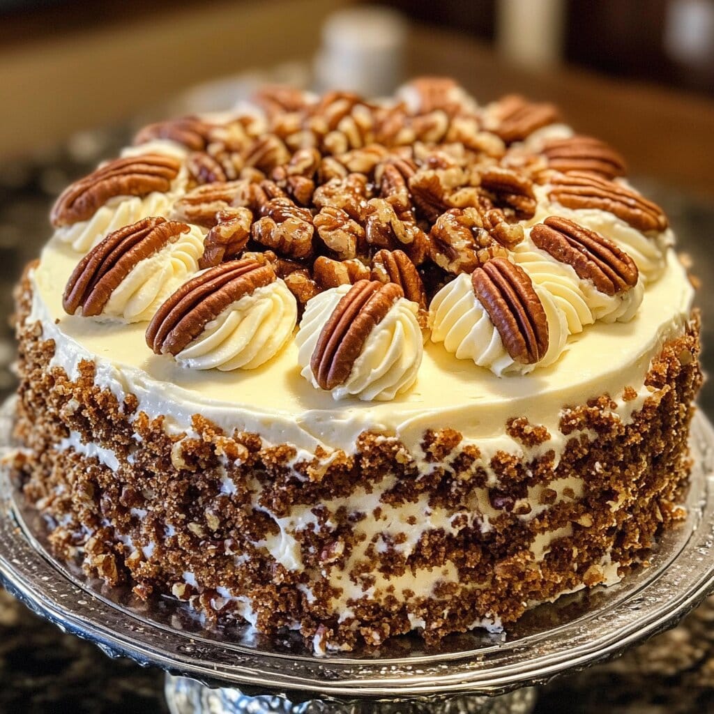 A pecan cream pie with a golden crust, topped with whipped cream and caramelized pecans, placed on a rustic wooden table.