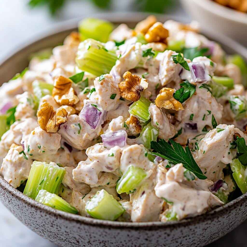 A delicious 4-ingredient chicken salad in a bowl surrounded by fresh ingredients.