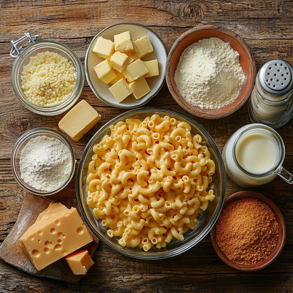 Sliced Fried Chicken on Mac and Cheese: A Comfort Food Classic 3 Ingredients for sliced fried chicken on mac and cheese, including chicken, pasta, cheese, and seasonings.