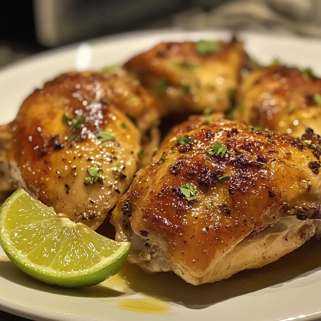 plate of golden herb roasted chicken thighs topped with creamy white wine sauce, garnished with fresh parsley.