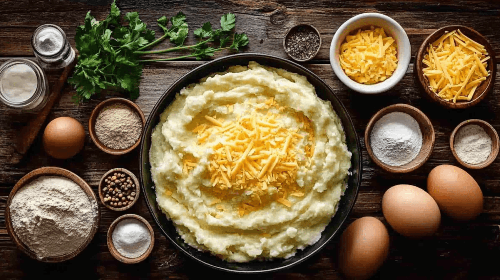 Cheesy Mashed Potato Puffs: Easy, Crispy, and Irresistible 3 Ingredients for Cheesy Mashed Potato Puffs arranged on a wooden surface