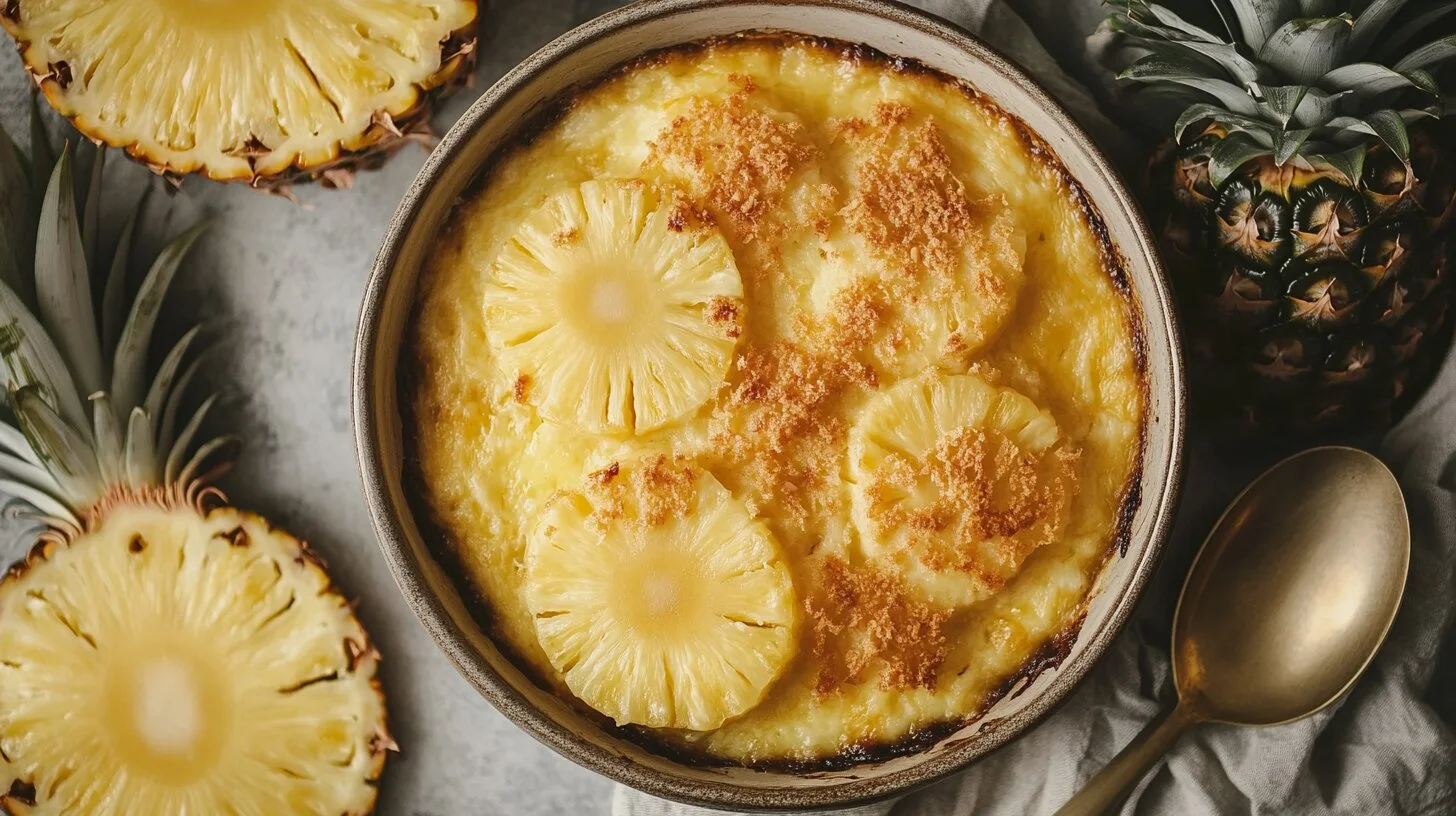 Pineapple casserole served fresh in a rustic kitchen