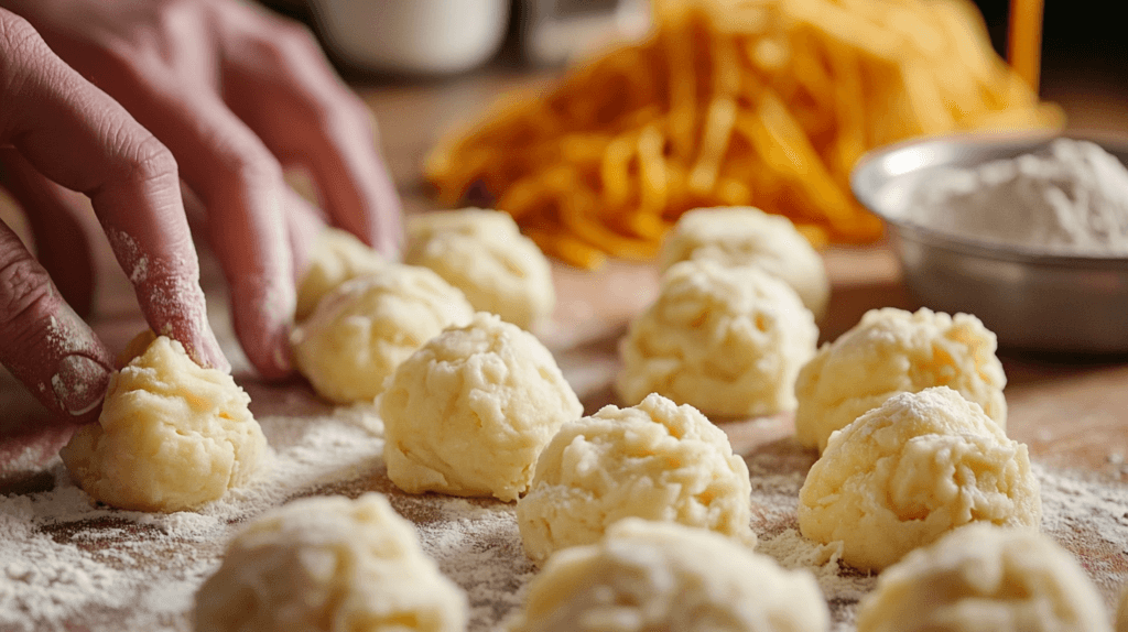 Cheesy Mashed Potato Puffs: Easy, Crispy, and Irresistible 4 Shaping Cheesy Mashed Potato Puffs on a floured surface.