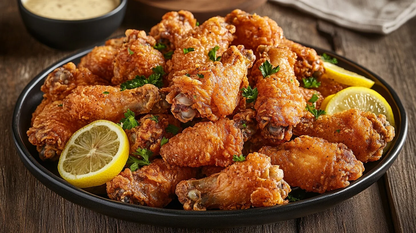 Golden lemon pepper wings with fresh lemon slices and parsley on a platter.
