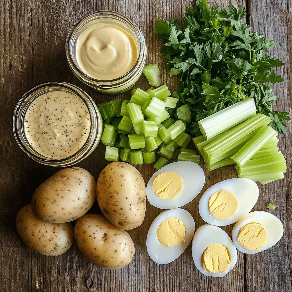 Best Potato and Egg Salad Recipe | Classic, Creamy & Easy to Make 3 Fresh ingredients for potato and egg salad laid out on a kitchen counter.