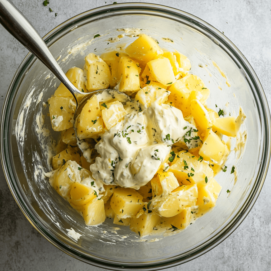Best Potato and Egg Salad Recipe | Classic, Creamy & Easy to Make 4 Step-by-step preparation of potato and egg salad.