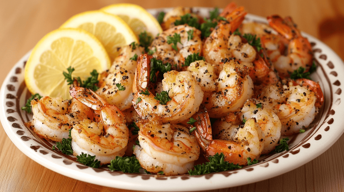 A plate of lemon pepper shrimp garnished with parsley and lemon wedges