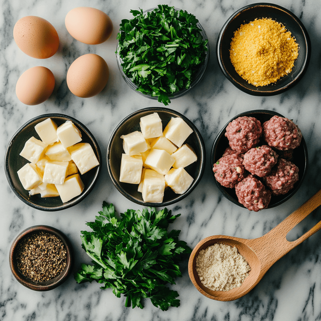 Cheese Stuffed Meatballs Recipe: A Gooey and Flavorful Delight 3 Ingredients for cheese stuffed meatballs, including ground meat, cheese cubes, breadcrumbs, eggs, and fresh herbs, arranged on a kitchen countertop.