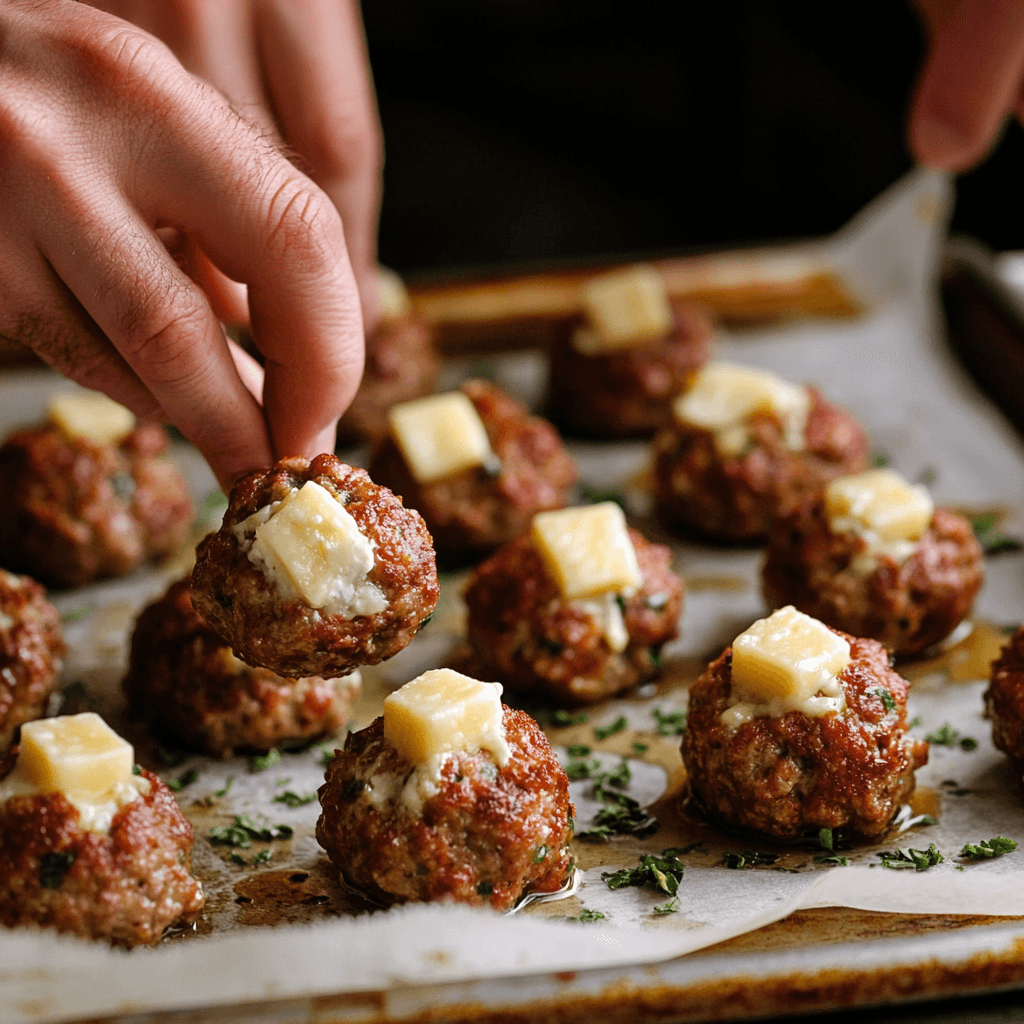 Cheese Stuffed Meatballs Recipe: A Gooey and Flavorful Delight 4 A step-by-step process showing hands forming meatballs with cheese stuffed inside, on a parchment-lined tray.
