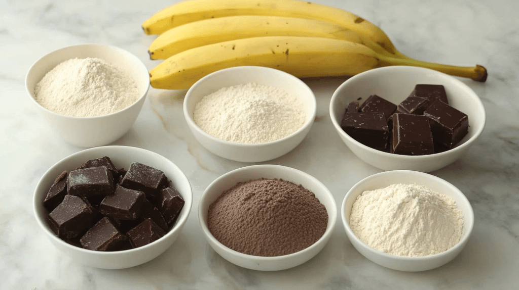 Chocolate Banana Cake - Moist, Easy, and Delicious Recipe 3 A flat lay of ingredients for making chocolate banana cake, including ripe bananas, flour, cocoa powder, sugar, eggs, butter, and chocolate chunks on a wooden countertop