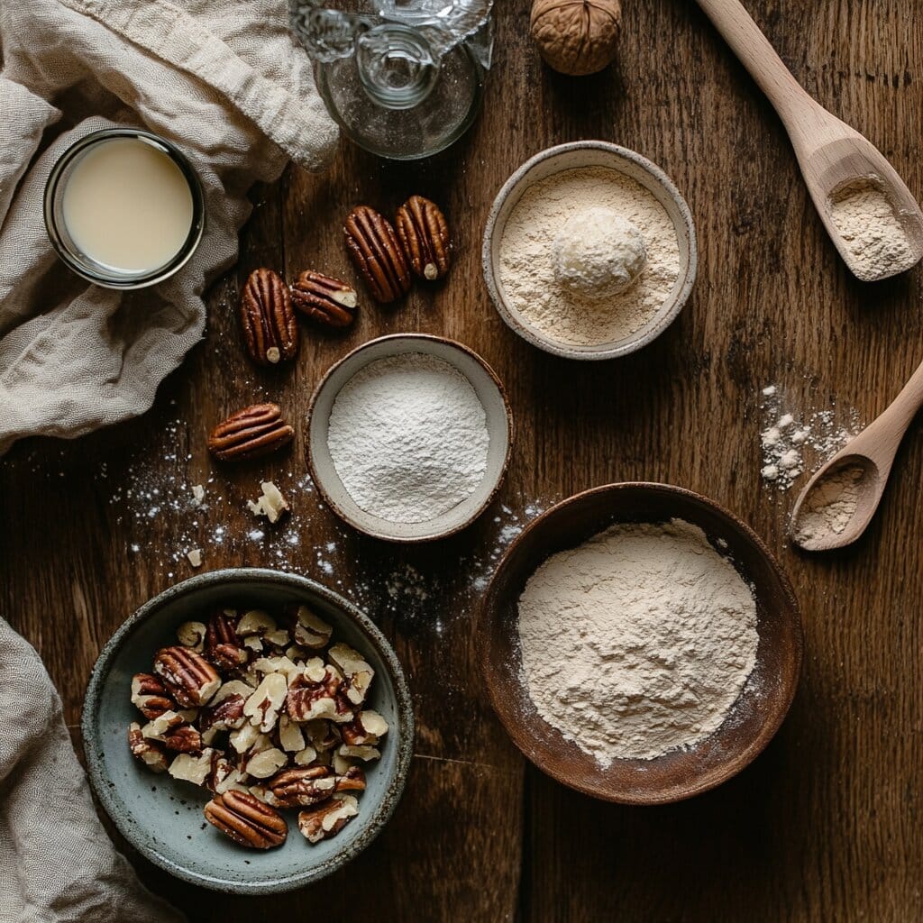 Pecan Pie Balls: Bite-Sized Desserts for Any Occasion 3 Ingredients for pecan pie balls arranged on a kitchen counter.