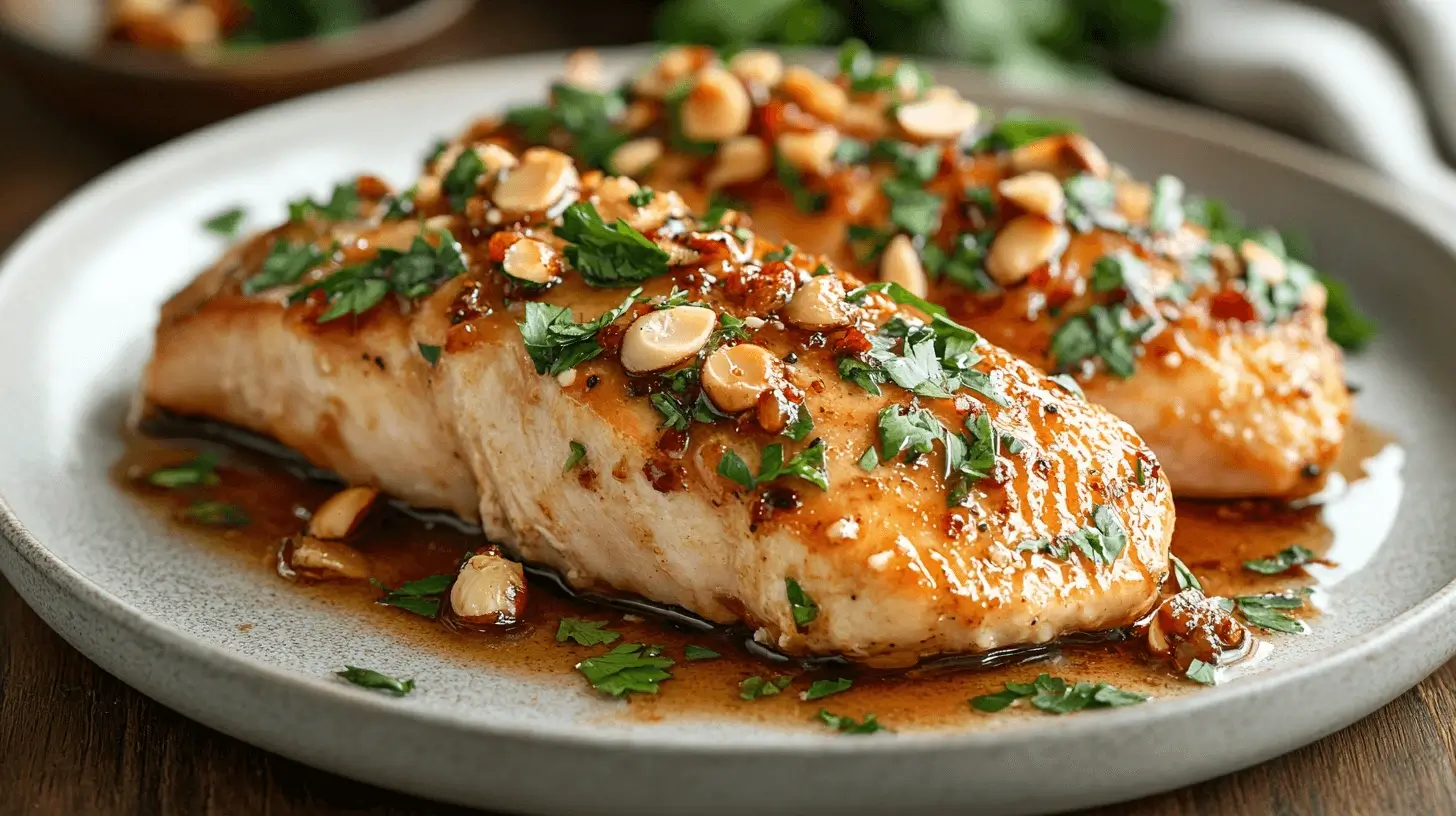 Almond Chicken: Healthier Versions You Can Try at Home 1 Glazed chicken fillets on a plate topped with almonds and fresh parsley in a rich sauce.