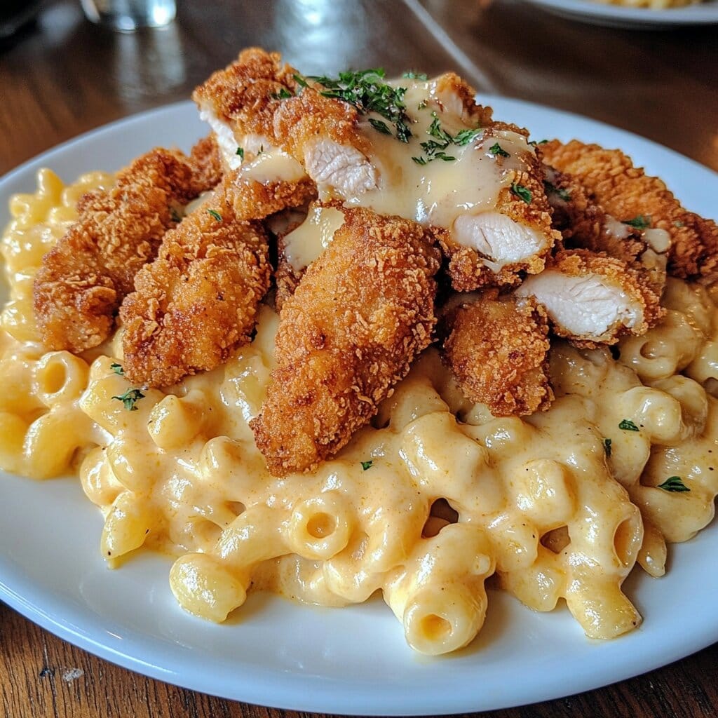 Sliced Fried Chicken on Mac and Cheese: A Comfort Food Classic 2 Sliced fried chicken on mac and cheese served with a side of roasted vegetables.