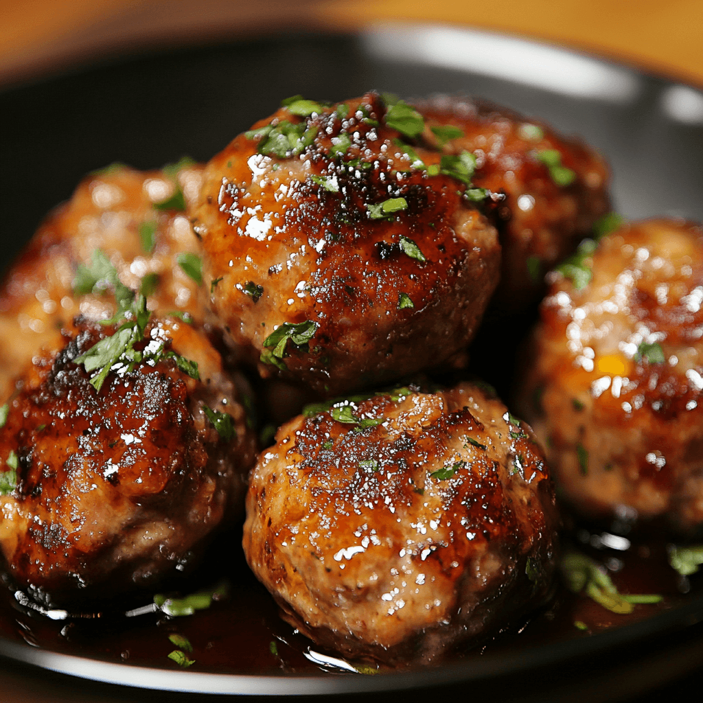 A plate of smoked meatballs garnished with fresh herbs and served with BBQ sauce.