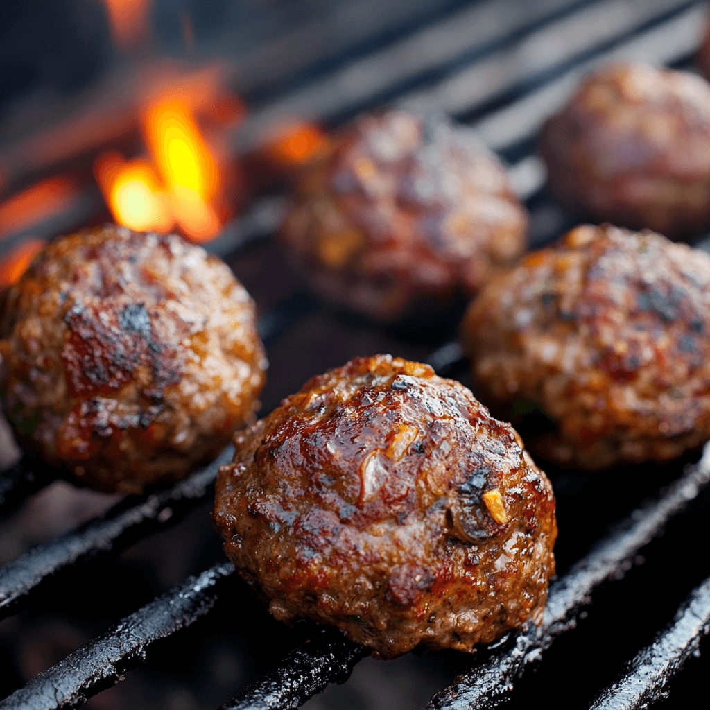 Smoked Meatballs: The Ultimate Recipe for Juicy, Smoky Perfection 2 moked meatballs on a grill rack inside a smoker, with wood chips producing smoke.