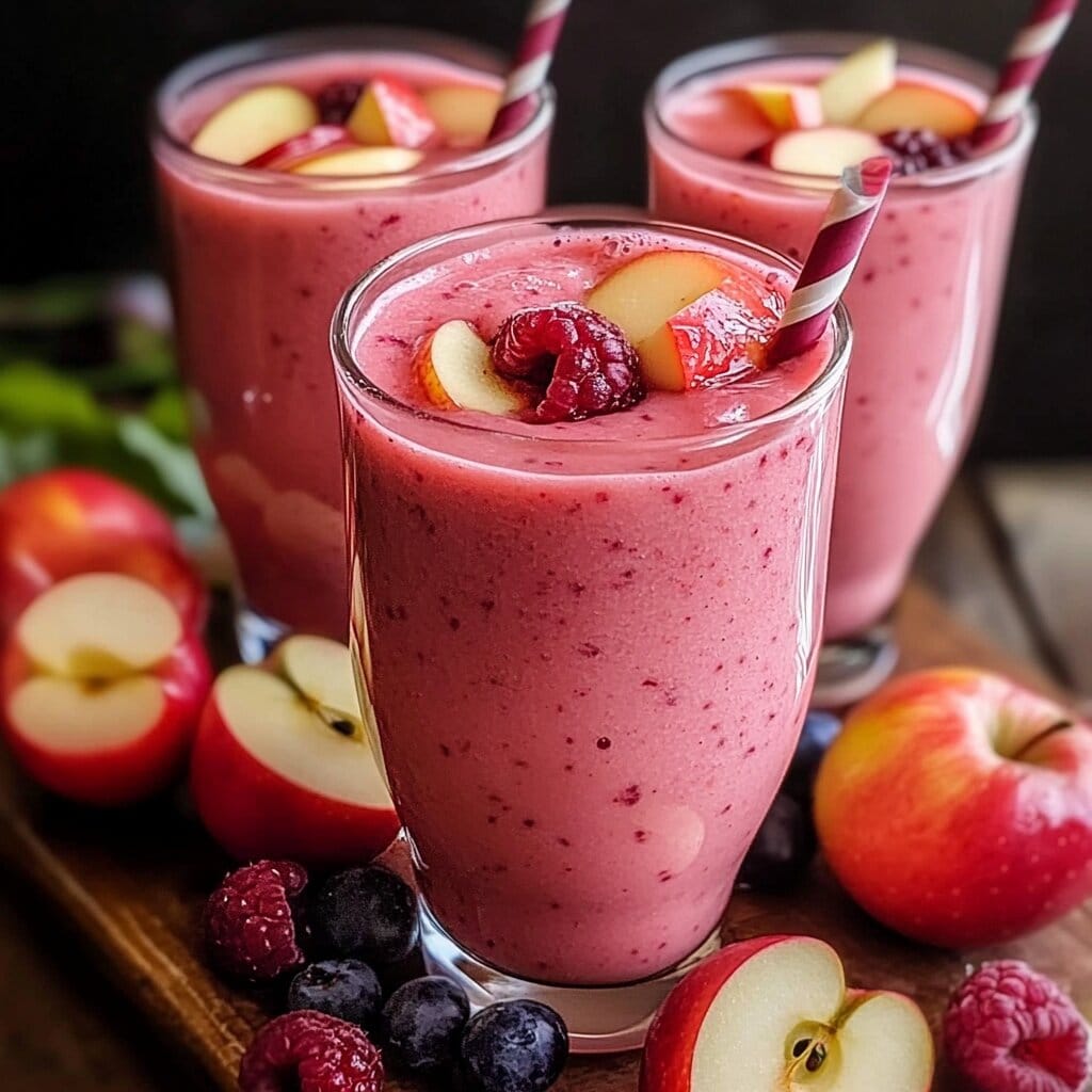 A refreshing Apple Berry Smoothie in a glass, garnished with fresh apple slices and berries.