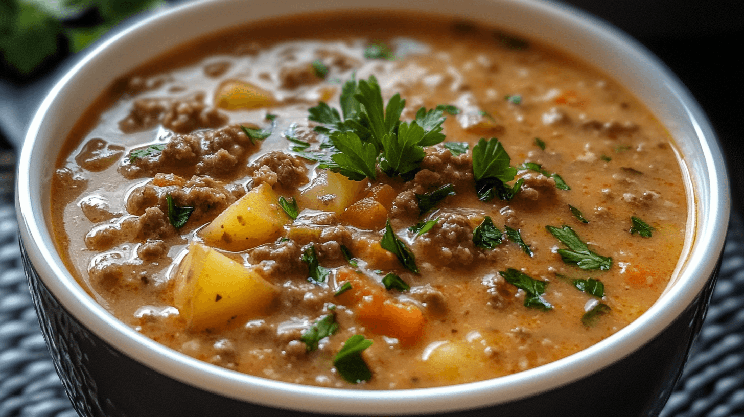 A bowl of hearty hamburger potato soup garnished with parsley