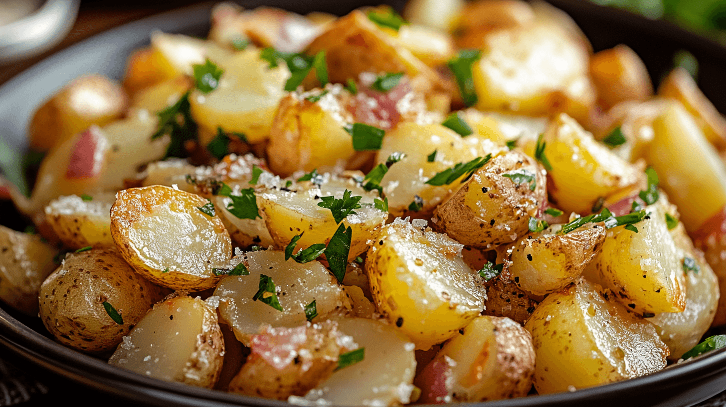 Crispy potato salad with garnishes served in a rustic bowl