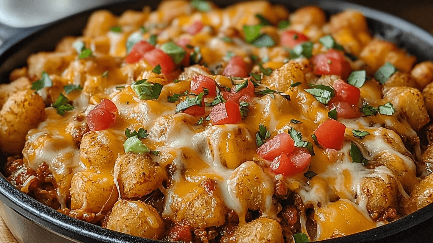 Crispy taco tater tot casserole fresh out of the oven with golden tots and melted cheese.