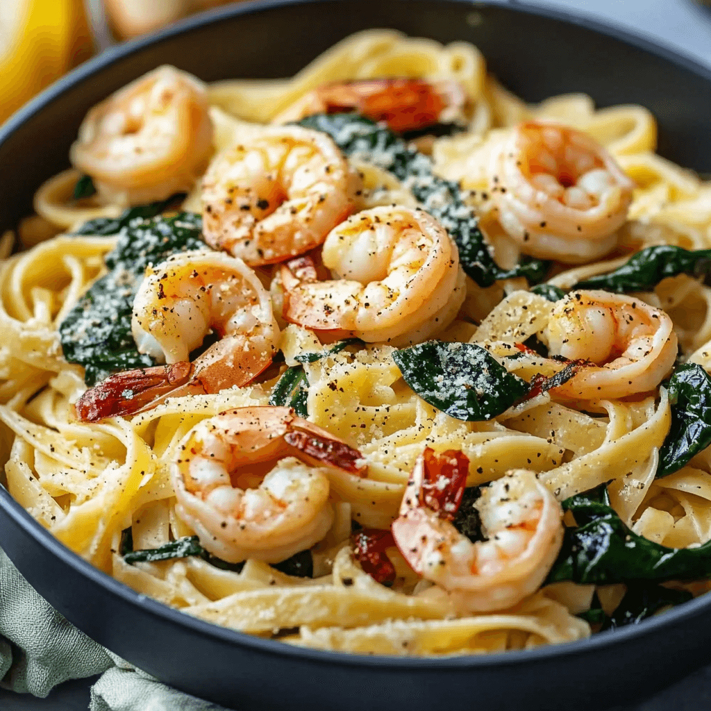 A delicious plate of Shrimp Spinach Pasta served on a white dish