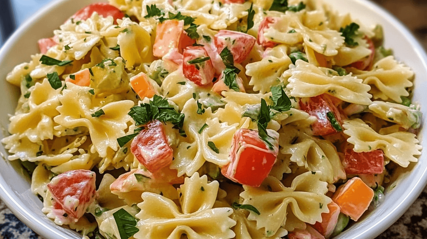 A bowl of colorful bowtie pasta salad with fresh vegetables and herbs.