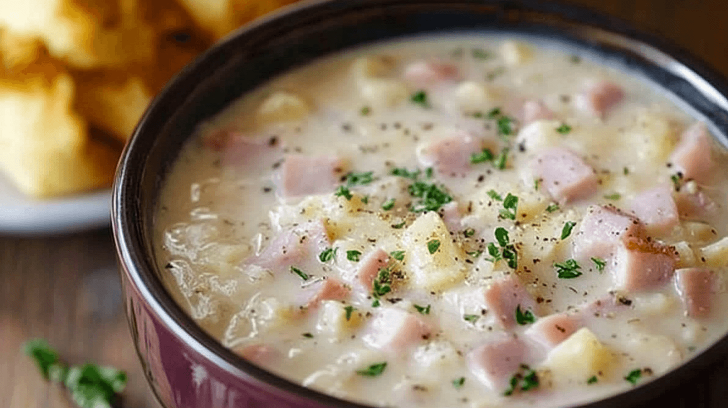 A bowl of homemade chicken and ham soup with fresh herbs