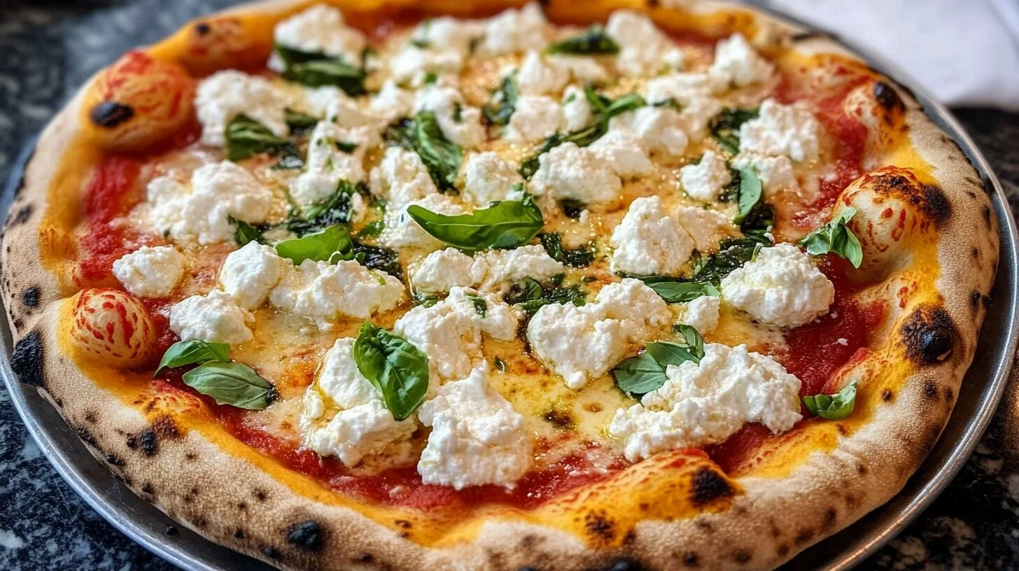 Ricotta pizza slice with wine and salad.