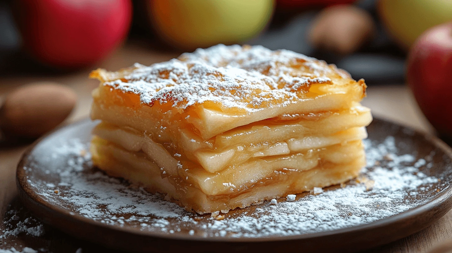 A slice of layered apple tart with golden crust, dusted with powdered sugar, served on a plate with fresh apples in the background.