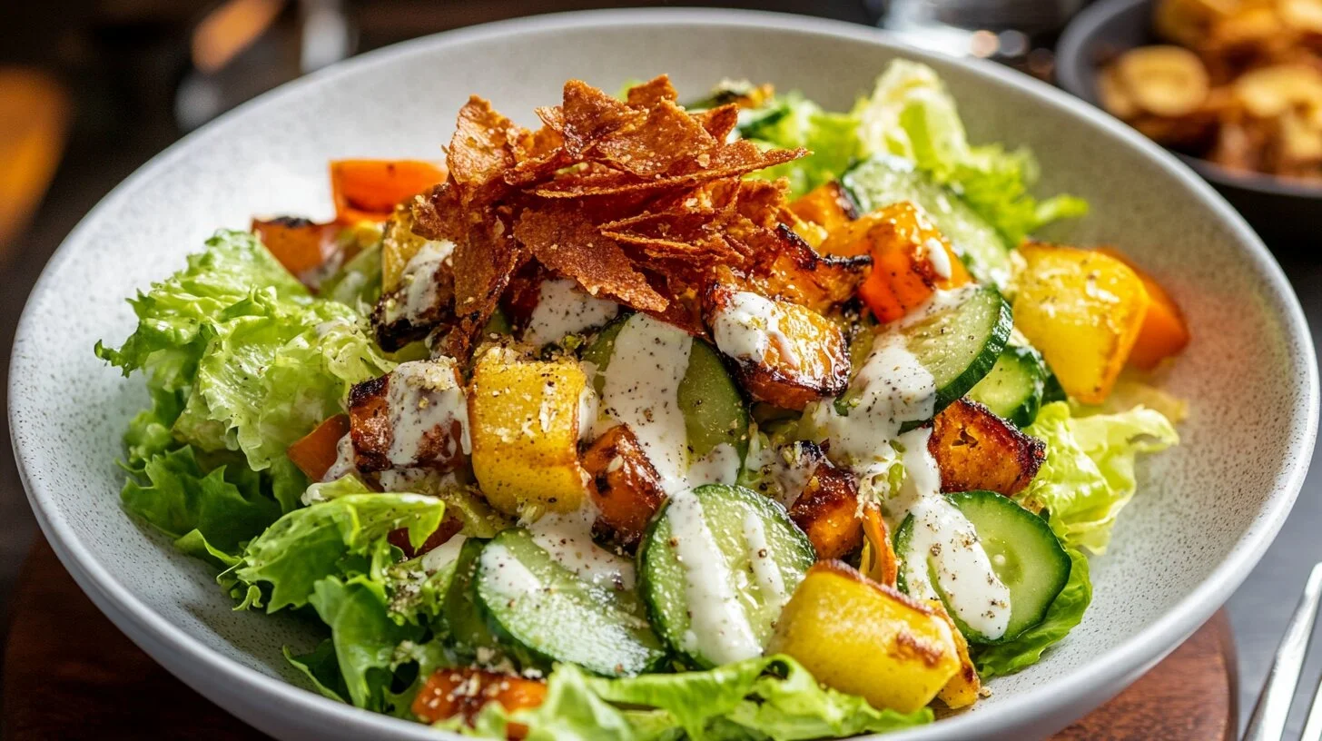 crispy salad with fresh vegetables and toppings.