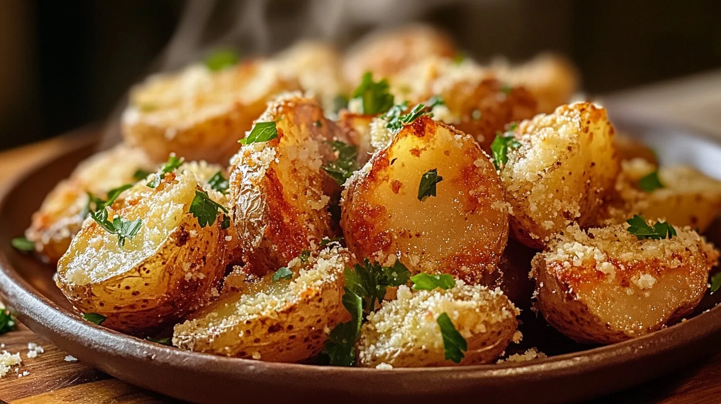 garlic parmesan potatoes garnished with parsley.