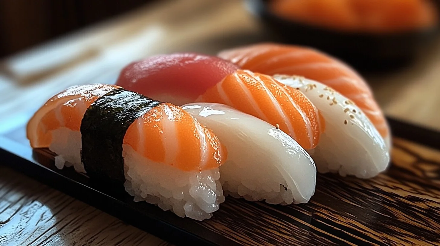 A traditional Japanese plate of nigiri sushi with various toppings.