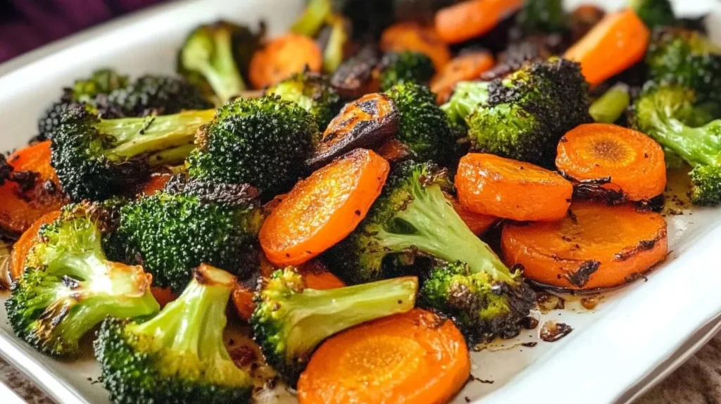 Roasted broccoli and carrots served with chicken and quinoa.