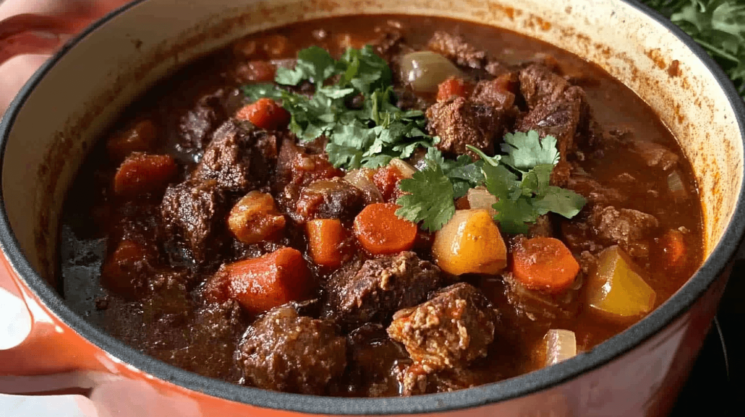 A bowl of Mexican Beef Stew with fresh garnishes