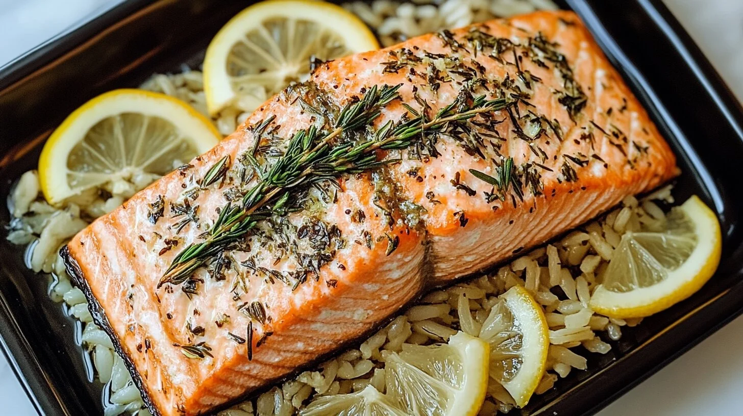 A perfectly baked herb-crusted salmon fillet served on a wooden platter with a side of fresh lemon wedges and a garnish of parsley, highlighting the crispy herb topping