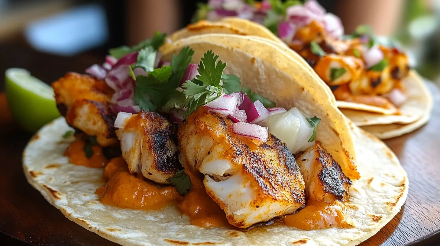 A plate of fish tacos with creamy sauce and toppings.