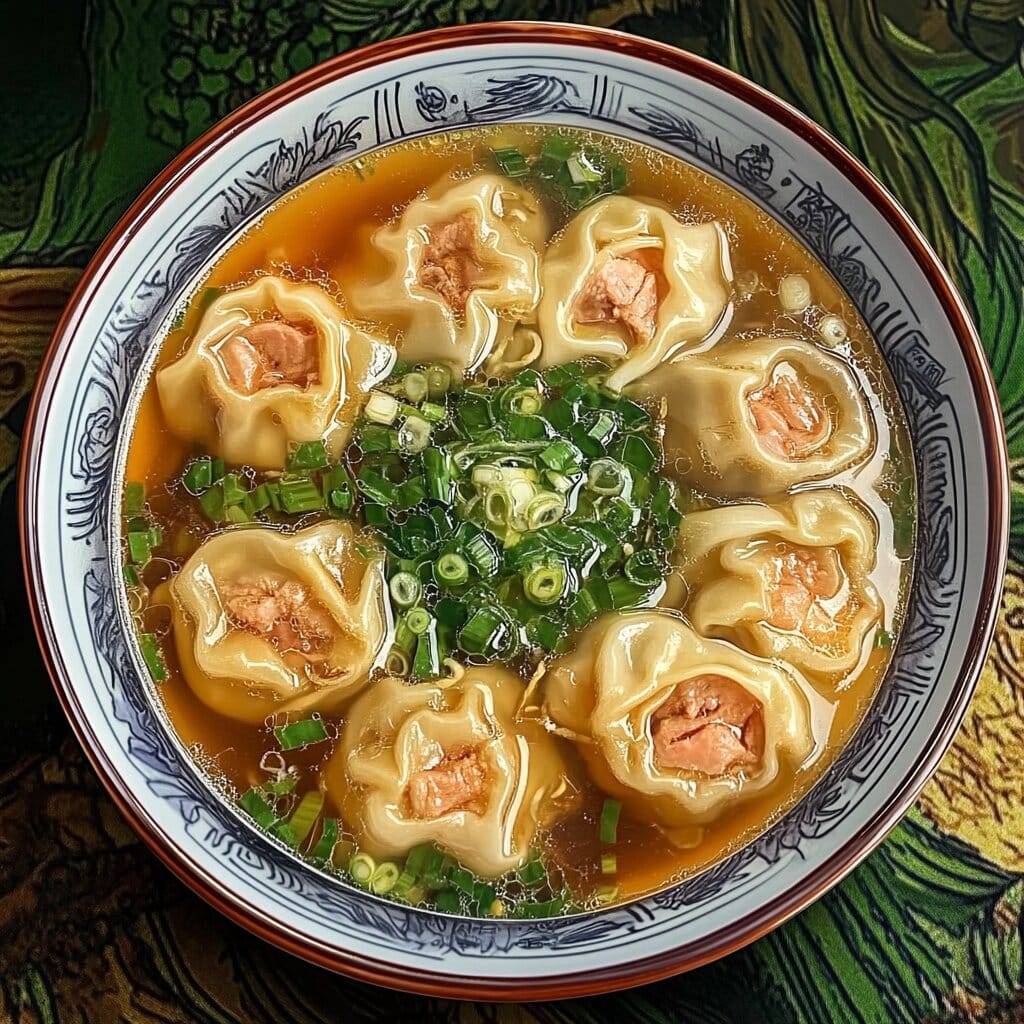 A steaming bowl of Subgum Wonton Soup with wontons, vibrant vegetables, and broth, served in a ceramic dish on a rustic wooden table.