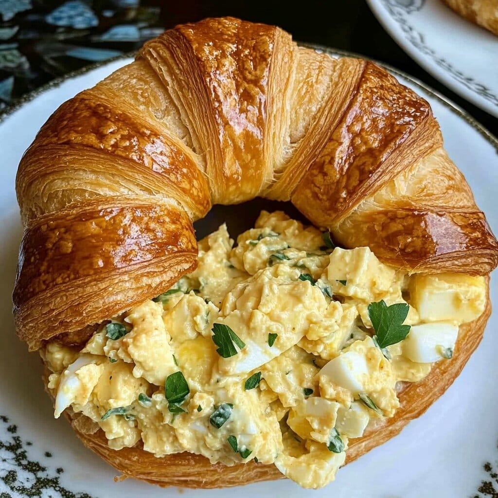 Golden croissant filled with creamy egg salad on a white plate