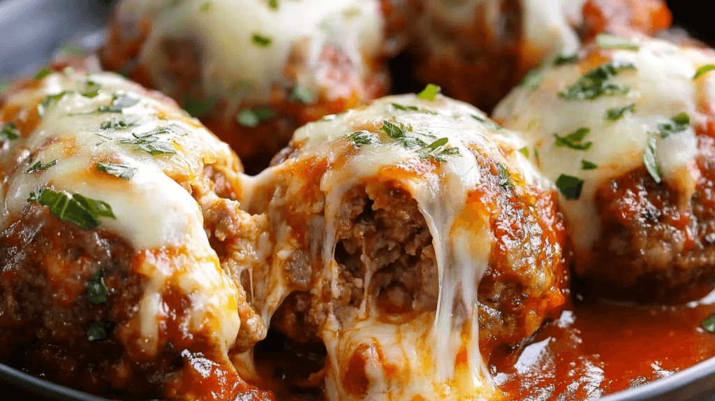 Cheese Stuffed Meatballs Recipe: A Gooey and Flavorful Delight 2 A close-up view of cheese stuffed meatballs with gooey cheese oozing out, served on a white plate with marinara sauce.