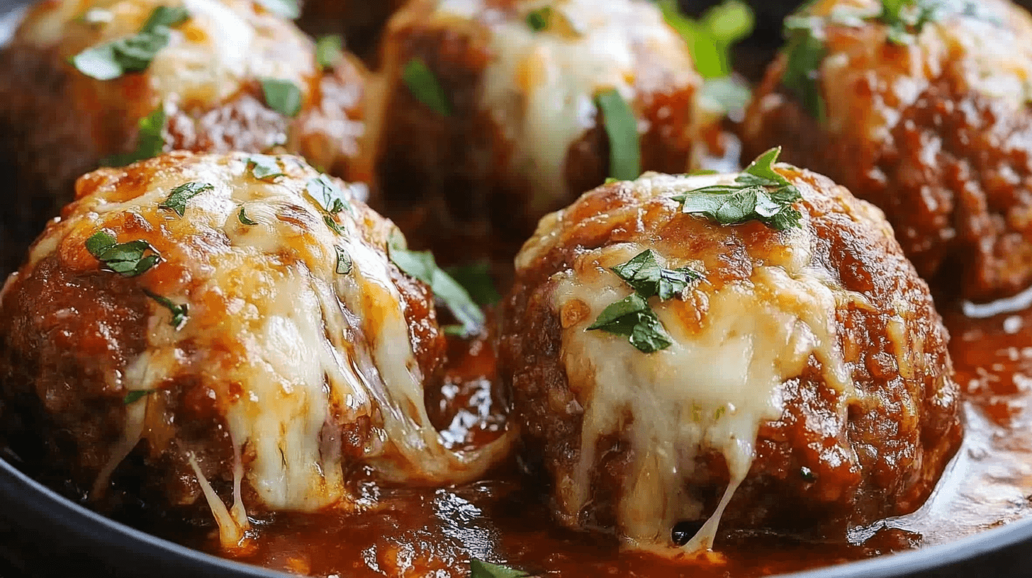 A close-up view of cheese stuffed meatballs with gooey cheese oozing out, served on a white plate with marinara sauce.