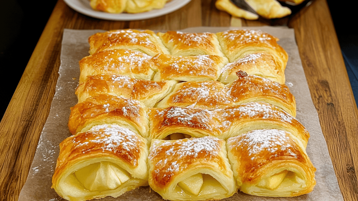 Golden apple puff pastries on a wooden board with fresh apples and cinnamon sticks in the background.