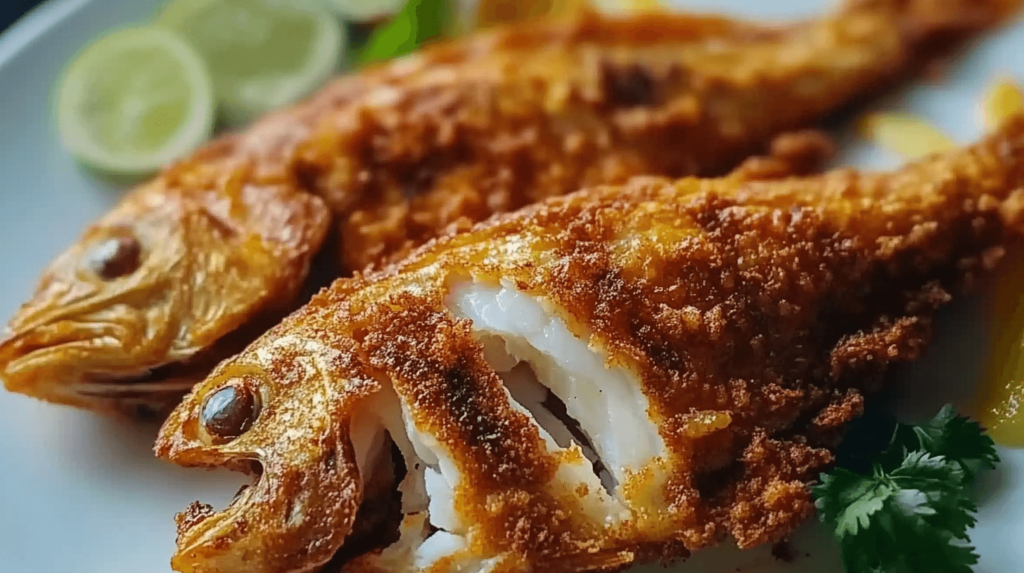 Crispy fried snapper served on a plate with lemon wedges.