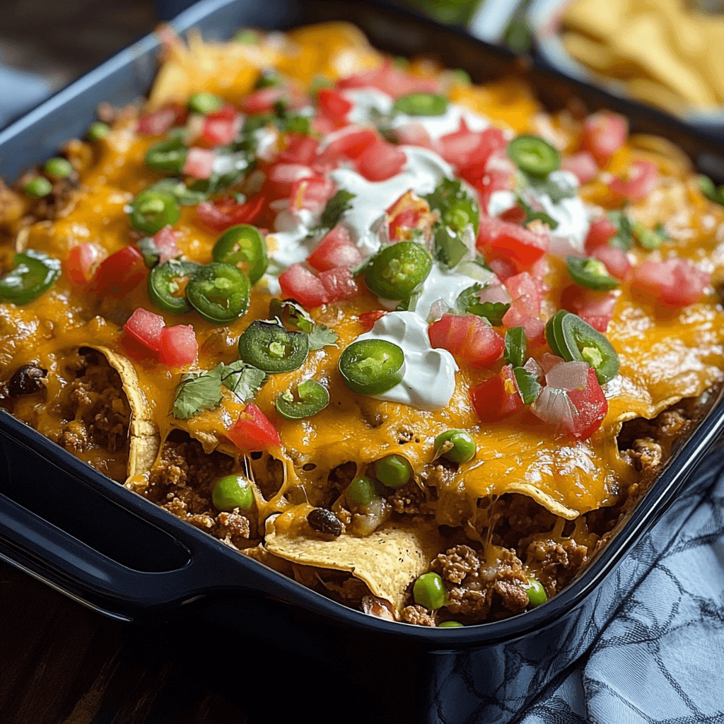 Walking Taco Casserole served in a casserole dish with fresh toppings