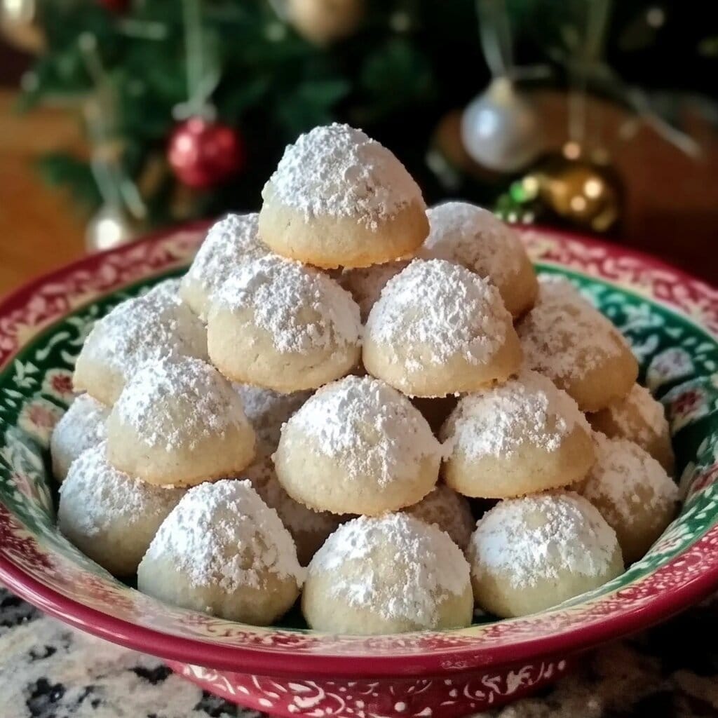 Plate of Italian snowball cookies dusted with powdered sugar