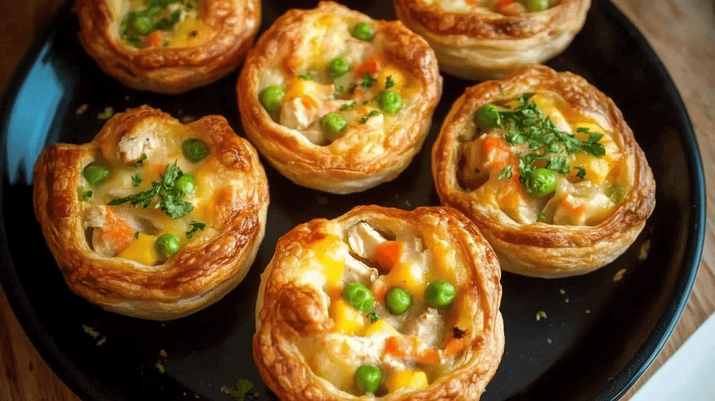 Platter of golden mini chicken pot pies with flaky crusts.