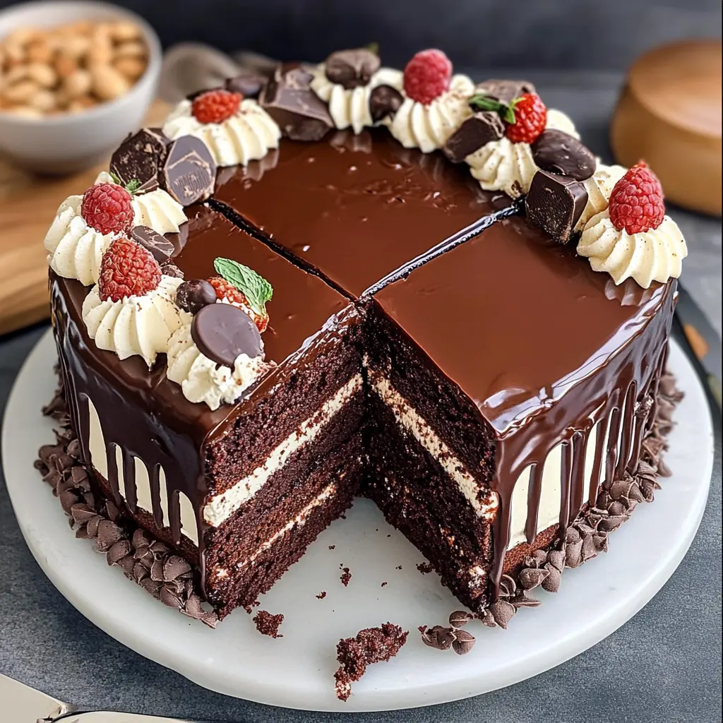 A rich and decadent chocolate cake with "Happy Birthday" written in elegant frosting, surrounded by colorful decorations