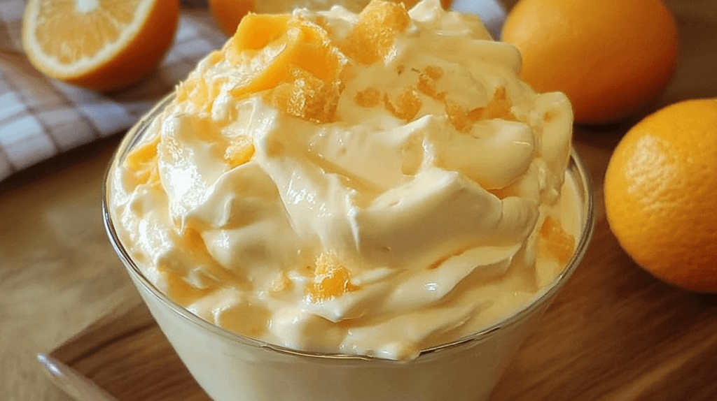 Orange Cream Recipe: The Perfect Citrus Delight for Any Occasion 2 A creamy orange dessert in a glass bowl with orange slices and mint garnish.