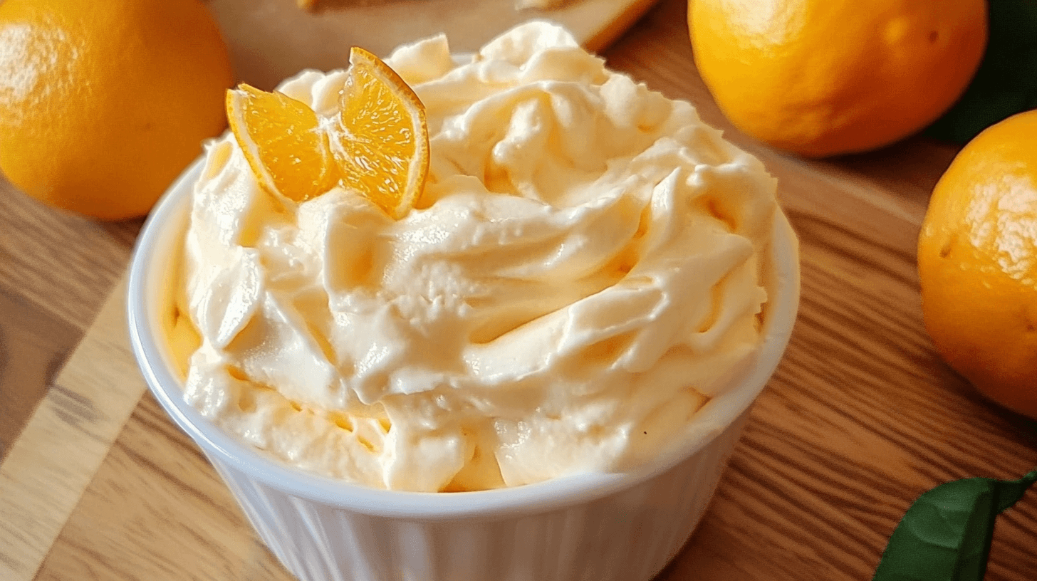 A creamy orange dessert in a glass bowl with orange slices and mint garnish.