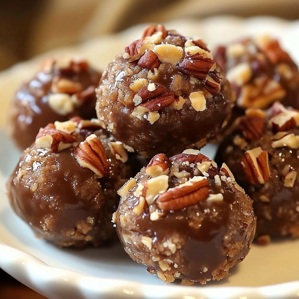 Pecan Pie Balls: Bite-Sized Desserts for Any Occasion 2 A plate of pecan pie balls decorated with chocolate drizzle.